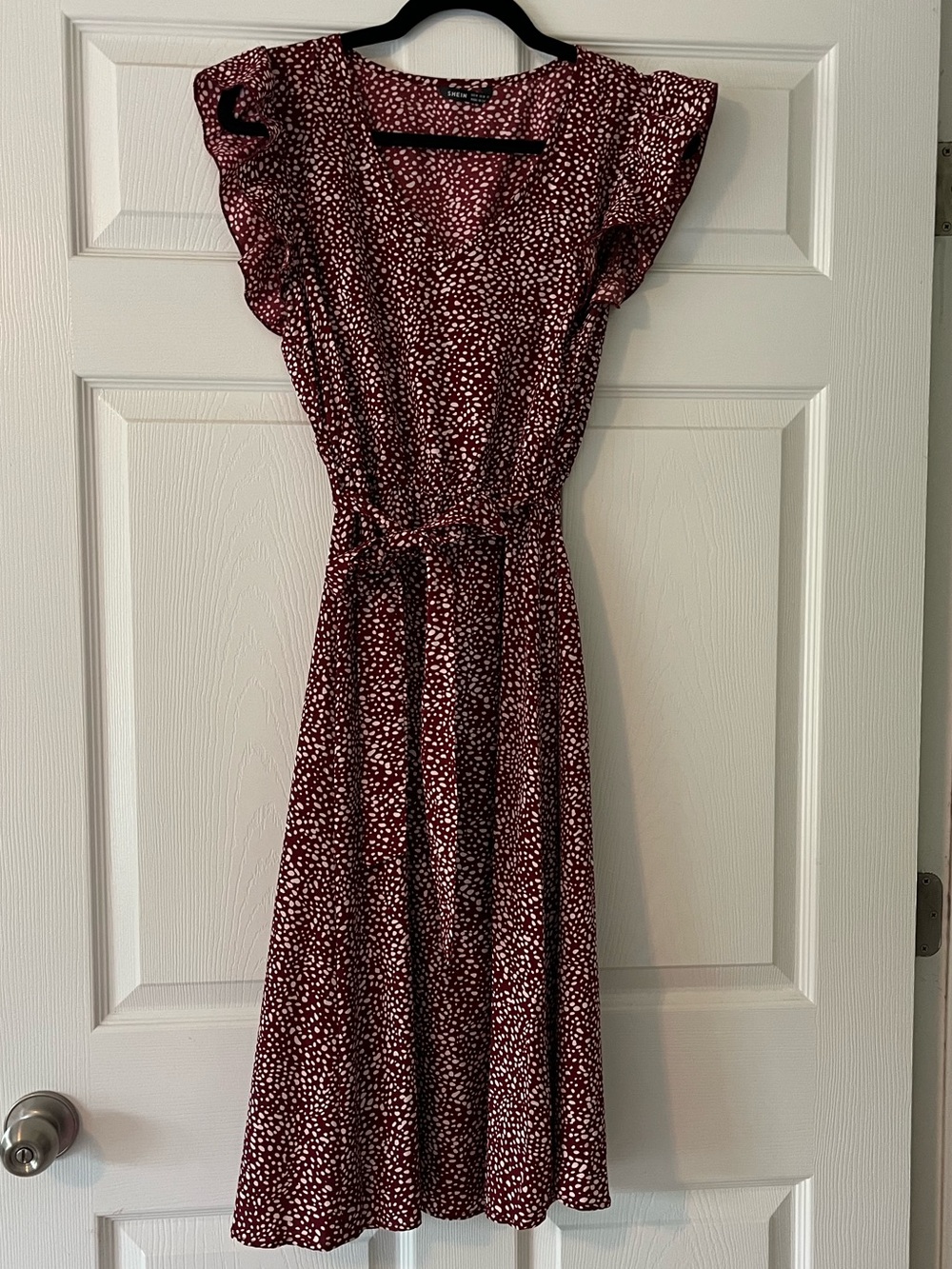 SHEIN Burgundy & White Printed Flutter Sleeve Midi Dress